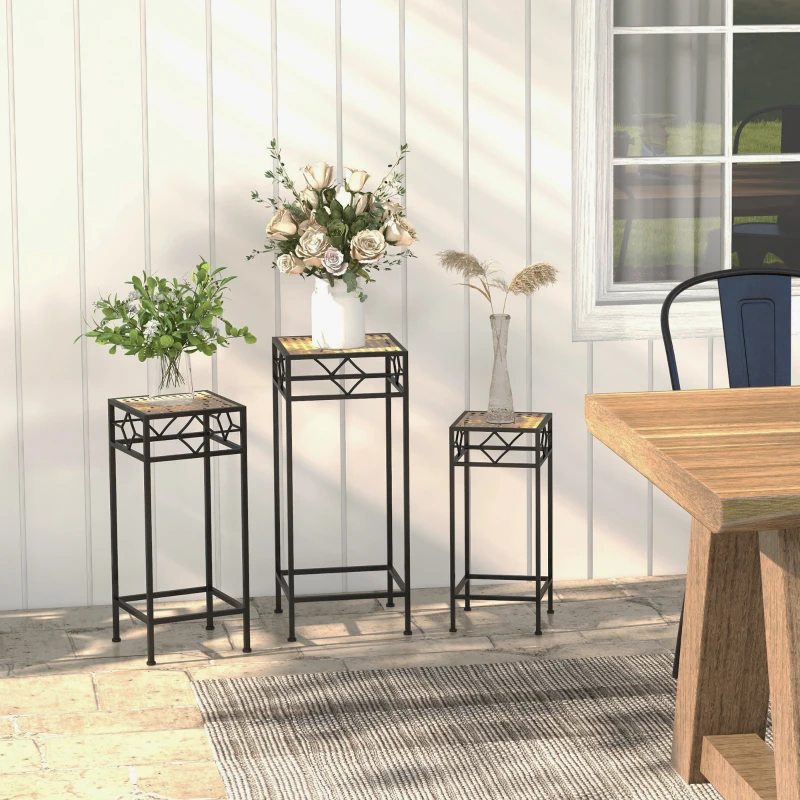 Outsunny Blumenständer, 3er-Set, rund, stapelbar, Rattanoptik, Metallbeine, In- und Outdoor, Schwarz/Gold