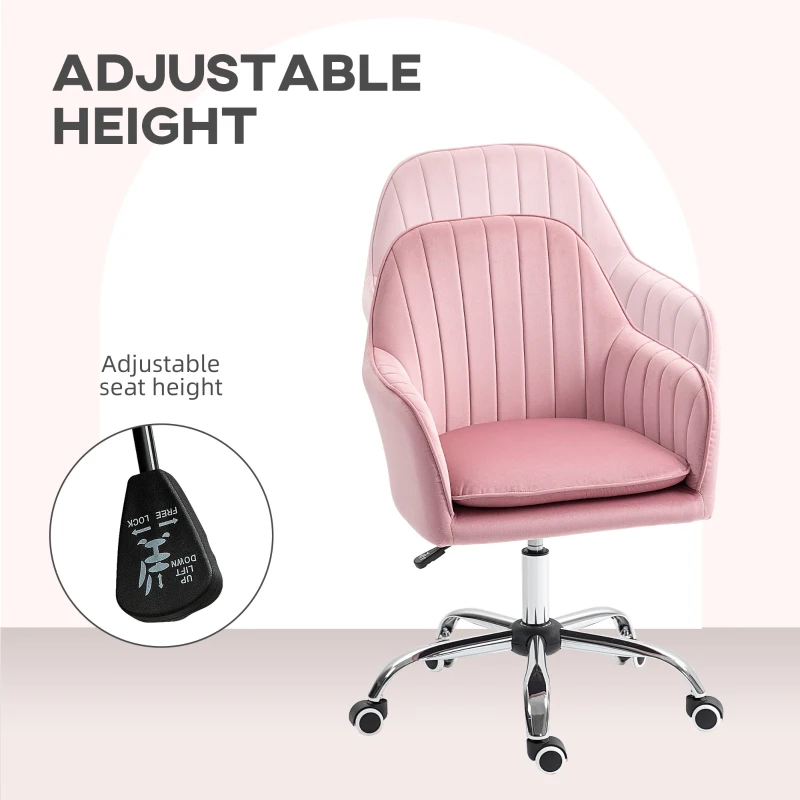 HOMCOM Velvet-Feel Tub Office Chair, with Seat Cushion - Dark Pink