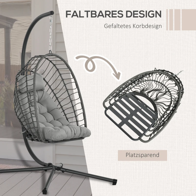 Outsunny Hangingstoel Rotan Loungestoel, weerbestendig, 1 kussen, 100 cm x 131 cm x 194 cm, Lichtgrijs
