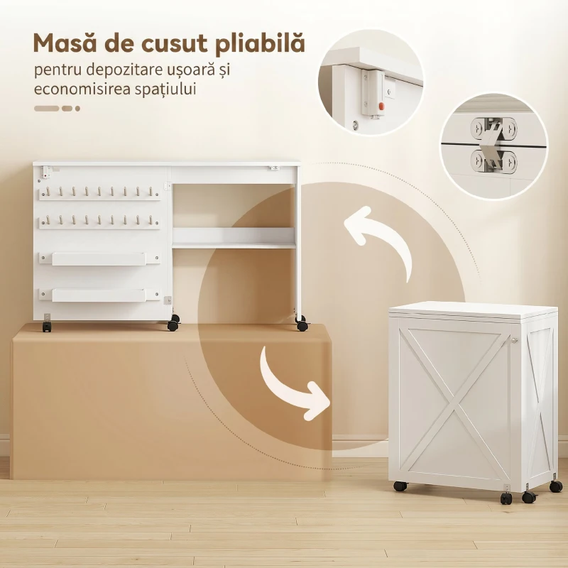 HOMCOM Dulap Pliabil pentru Mașină de Cusut cu 18 Cuie pentru Bobină, Alb