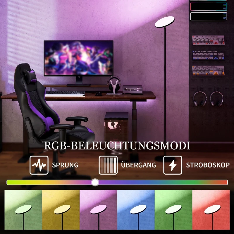 HOMCOM RGB Uplighter Stehlampe, dimmbare Lampe mit Fernbedienung & Touch-Steuerung, 350° drehbarer Kopf, Schwarz