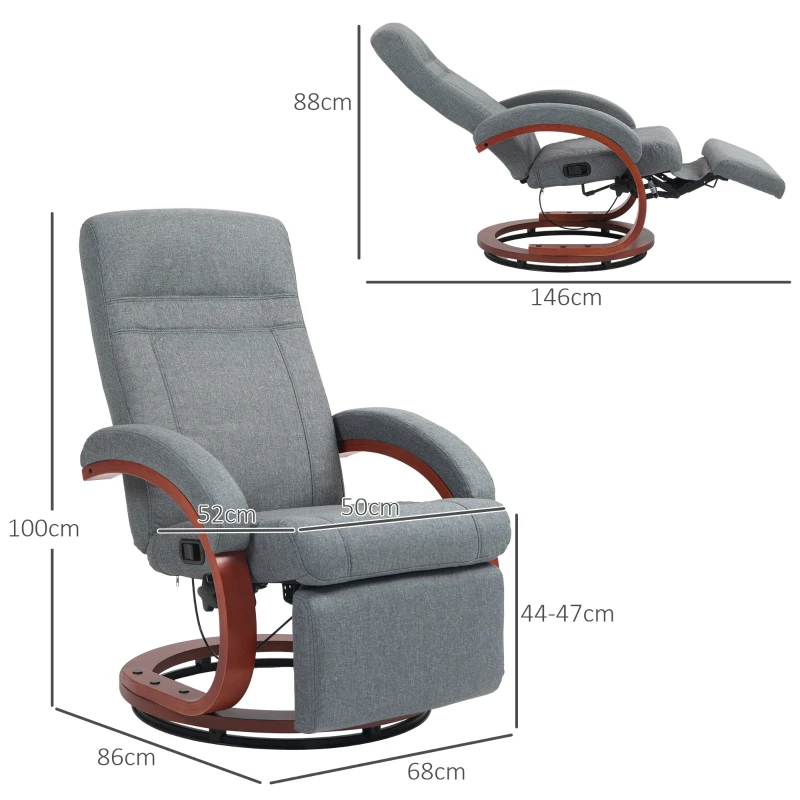 HOMCOM Relaxfauteuil met Opklapbare Voetensteun, Draaibaar, Kantelbare Rugleuning, Linnenlook, Tot 140 kg, Grijs(m-3)