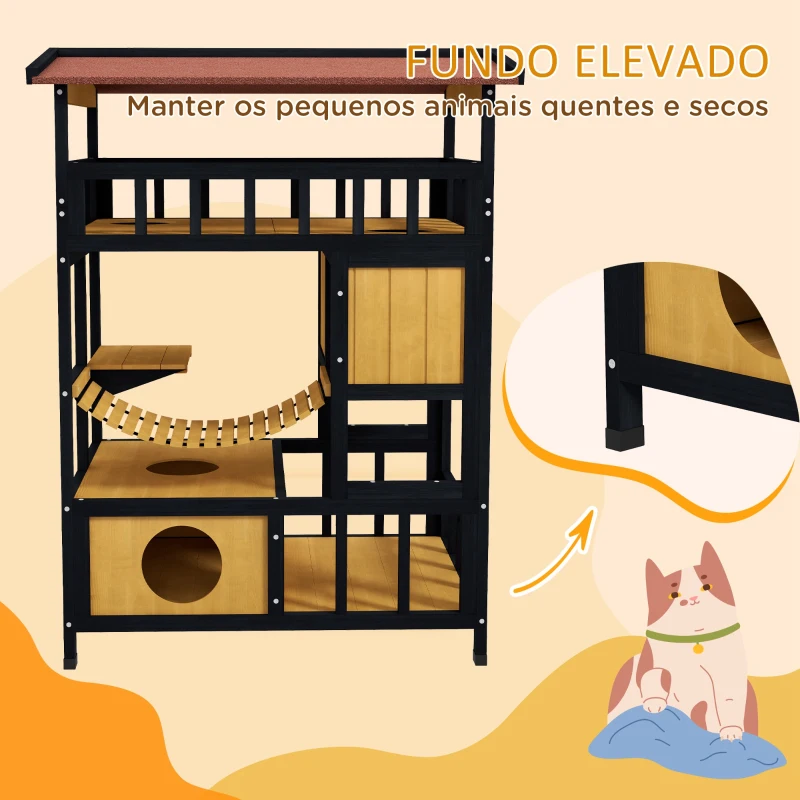 PawHut Casa para Gatos de Madeira 84x60x116 cm Abrigo para Gatos de 4 Níveis para Exterior com Ponte Suspensa Varanda Natural