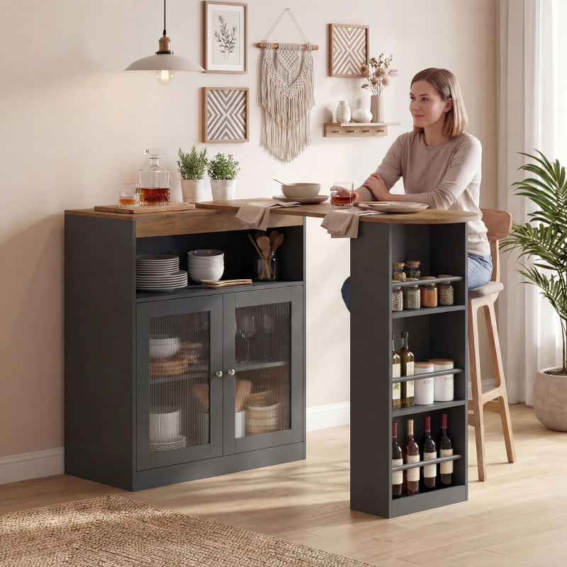 HOMCOM Mesa de Bar Extensível e Giratória 360° com Prateleiras Abertas e 2 Portas de Vidro 150x80x105,5 cm Preto e Madeira