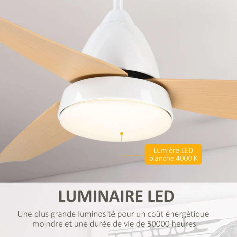 HOMCOM Ventilateur plafond avec lumiere 24 W réversible, ventilateur de plafond avec 3 pales et télécommande 6 vitesses silencieux, lampe ventilateur plafond LED Ø122 cm, pour chambre, salon, blanc