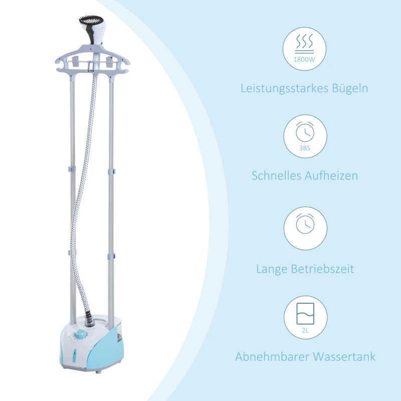 HOMCOM kledingstomer stoomborstel 1800 W stoomstrijkijzer verticaal stoomstation 2 l blauw