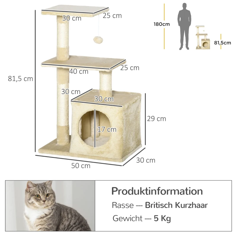 PawHut krabpaal met sisal krabpaal klimboom kattenmeubel krabplank met zacht pluche kattenspeelgoed stabiel E1 klasse spaanplaat beige 50 x 30 x 80 cm