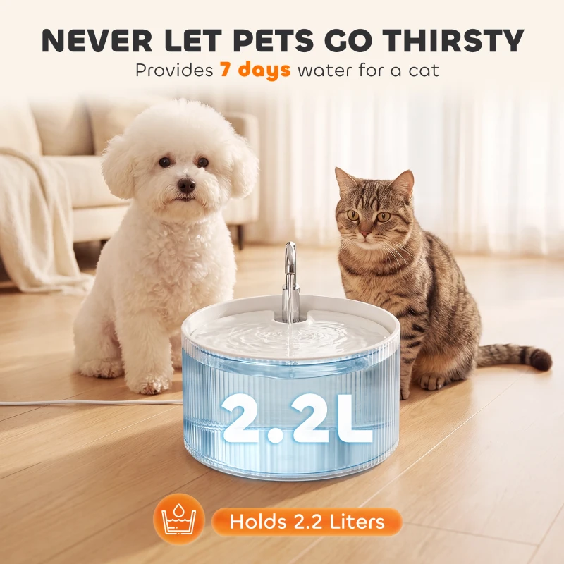 PawHut Ceramic Cat Water Fountain for Drinking, 2.2L Pet Water Fountain with Ultra-Quiet Pump, 4-Layer Filtration, Tap