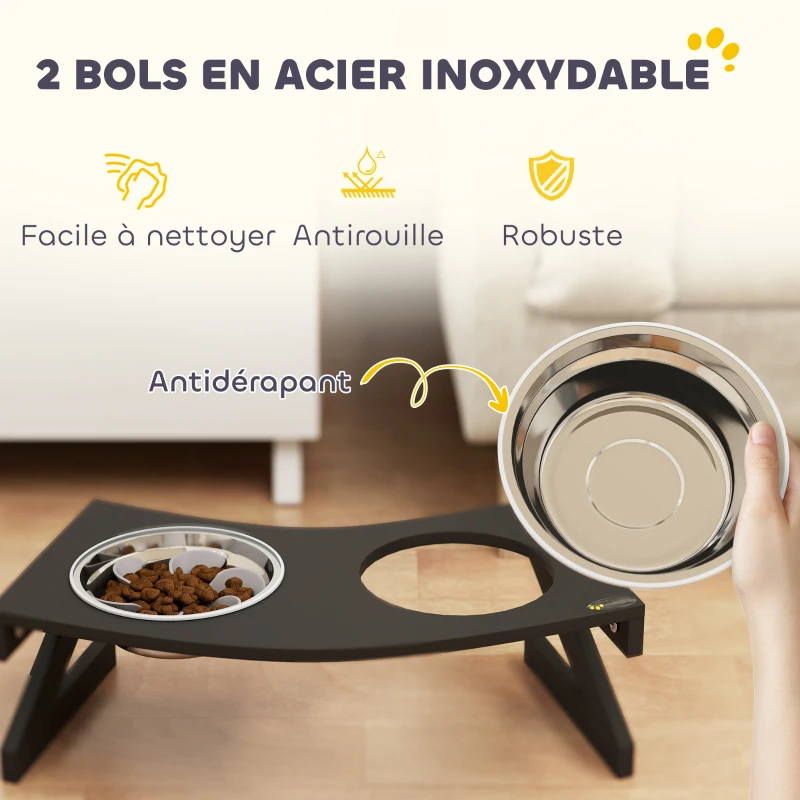 PawHut Gamelle chien surélevée avec support gamelle pour chien avec 2 bols en acier inoxydable de 1L 52,5 x 30 x 16,5 cm noir