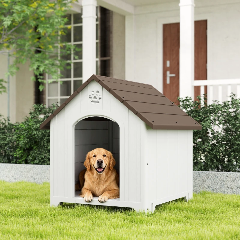 PawHut Casota para Cães Exterior Extragrande em Plástico com 2 Janelas, Base Elevada, Estacas Castanho Escuro