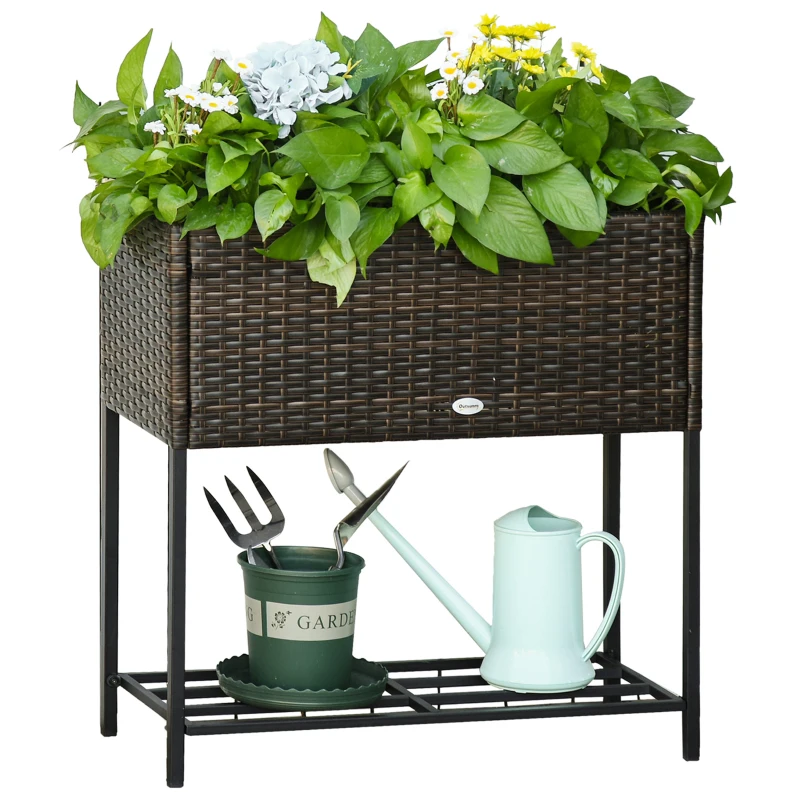 Outsunny Poly rotan bloembak met verhoogd bed en poten Bloempot met plank bruin 70 x 30 x 72 cm
