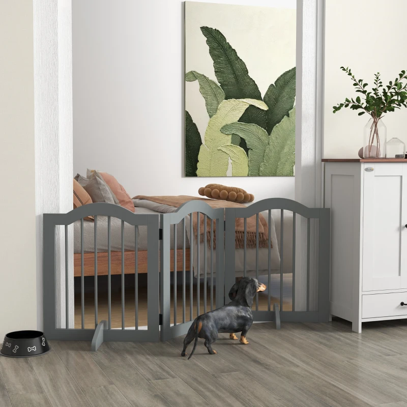 PawHut Absperrgitter Hund 3-teilig, 154,5 x 61 cm Faltbar Hundegitter mit Tür, 2 Stützfüßen Hellgrau(m-10)