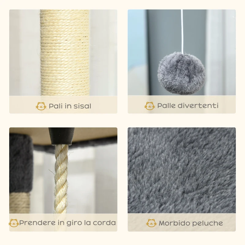 PawHut Albero Tiragraffi per Gatti Alto con Casette e Amache, 60x60x200cm, Grigio Chiaro