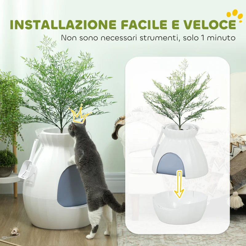 PawHut Lettiera per Gatti Antiodore a forma di Vaso con Paletta, in ABS e Acciaio Inox, 50x48.5x58.7 cm, Bianco