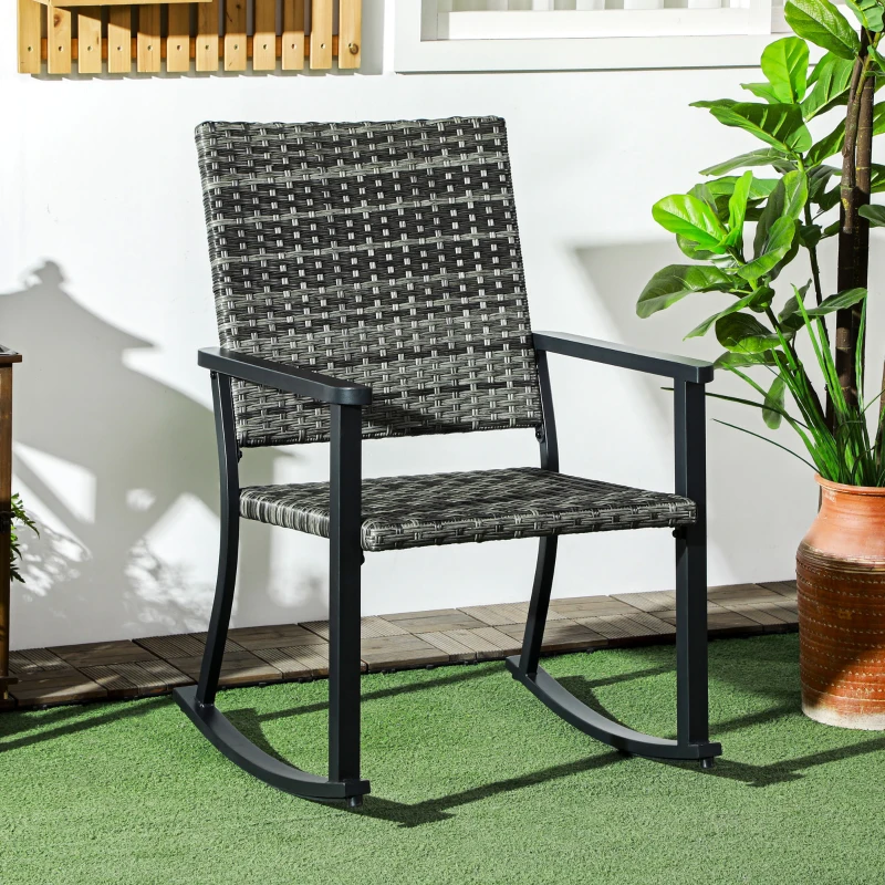 Outsunny Outdoor Schaukelstuhl, Rattanoptik, rostfreies Stahlgestell, 62 x 75 x 95 cm, Grau/Schwarz