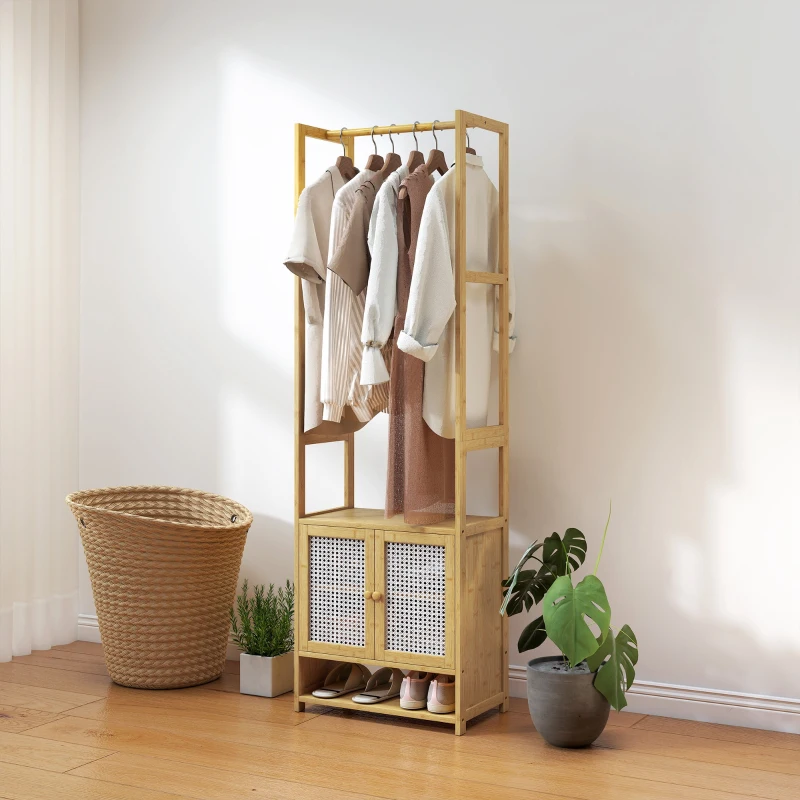 HOMCOM Perchero de Bambú con Armario Zapatero Barra para Colgar Estante Ajustable para Entrada Pasillo 53x31x168 cm Natural