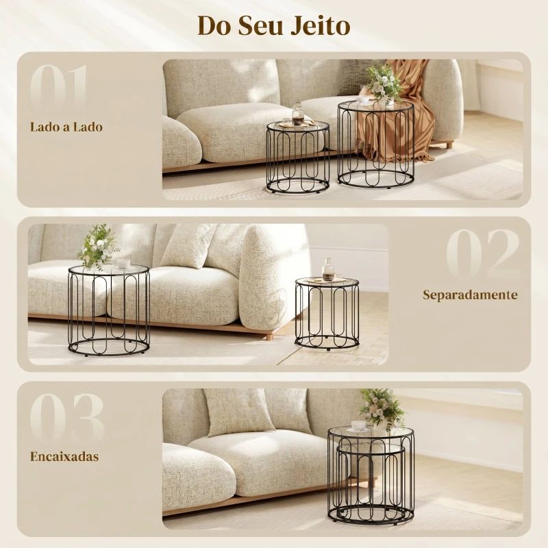 HOMCOM Conjunto de 2 Mesas de Apoio Tipo Ninho com Estrutura em Metal e Tampo de Vidro Ø50x50 cm e Ø40x40 cm Preto