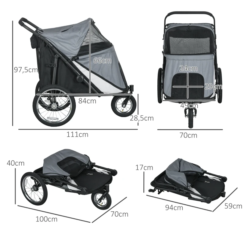 PawHut Hondenbuggy, opvouwbaar, opklapbaar, ligkussen, stalen frame, grijs/zwart(m-3)