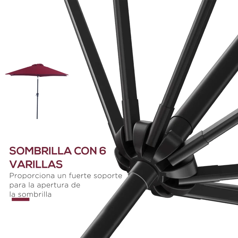 Outsunny Sombrilla de Jardín, Ø260x235 cm, Parasol de Jardín Reclinable con Manivela, Poste Desmontable de Aluminio y 6 Varillas de Metal, para Terraza, Exterior, Balcón, Rojo