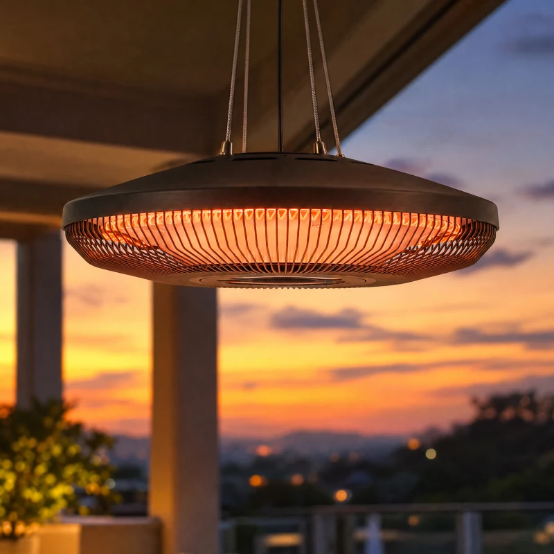 Outsunny Hanging Electric Patio Heater with LED Light, 1000/2000 W IP65 Outdoor Infrared Heater with Touch/Remote Control, Black