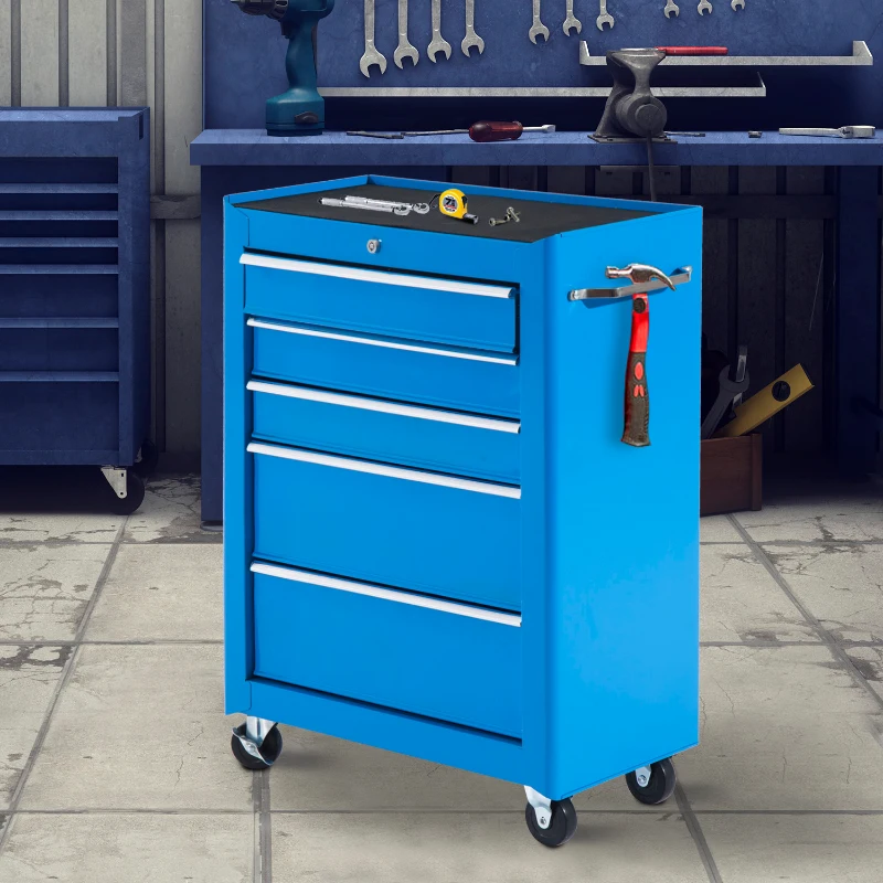 HOMCOM Chariot à outils sur roulettes, Servante d'atelier en acier 5 tiroirs verrouillable 2 clés, 61,5 x 33 x 82,5 cm, bleu