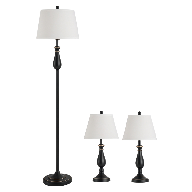 HOMCOM 3er-Set Stehlampen-Set inkl. 2 Tischleuchten, 1 Stehleuchte, Tischlampen-Set mit E27 Fassung, Lampenschirm aus Leinen Standlampe für Wohnzimmer, Schlafzimmer, Weiß+Schwarz