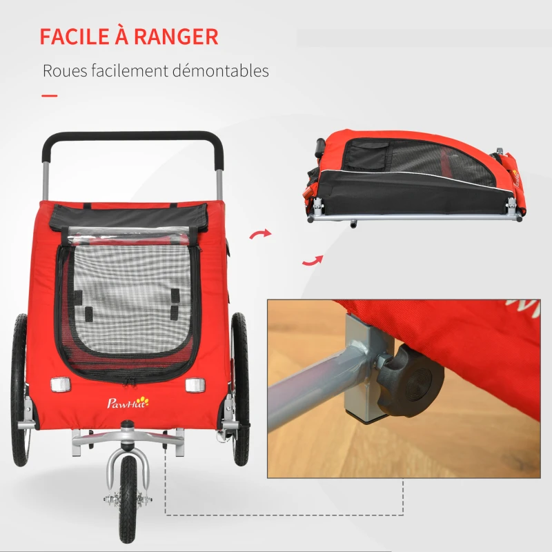 PawHut Remorque à vélo et poussette pour animaux de compagnie conception 2 en 1 pliable en tissu Oxford 4 réflecteurs drapeau inclus 162 x 74 x 85 cm rouge et noir