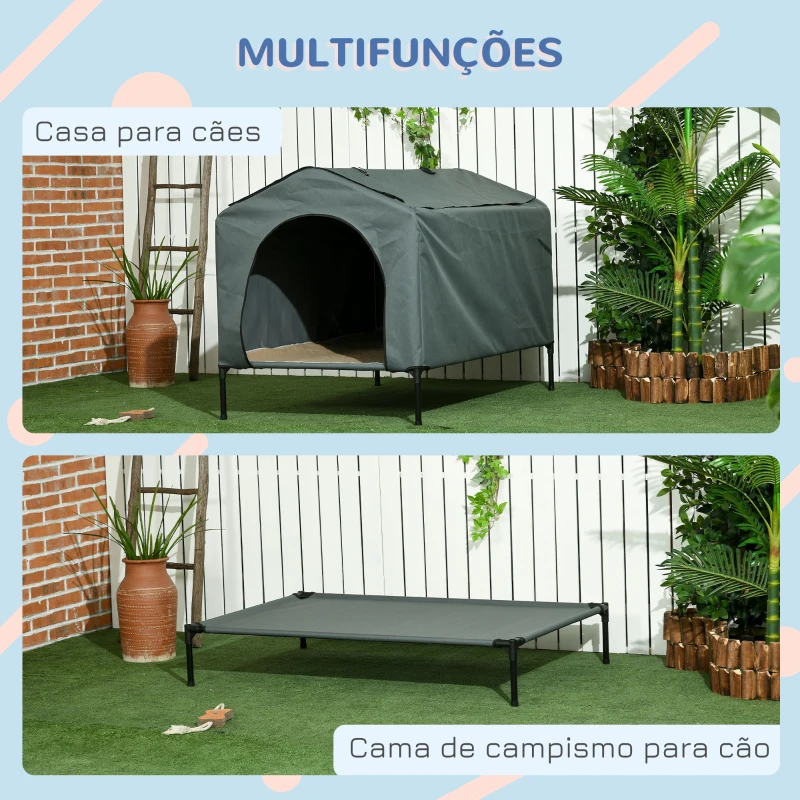 PawHut Casa para Cães com Cobertura Exterior Cama Elevada com Almofada e Janelas de Malha 130x85x95 cm Cinza