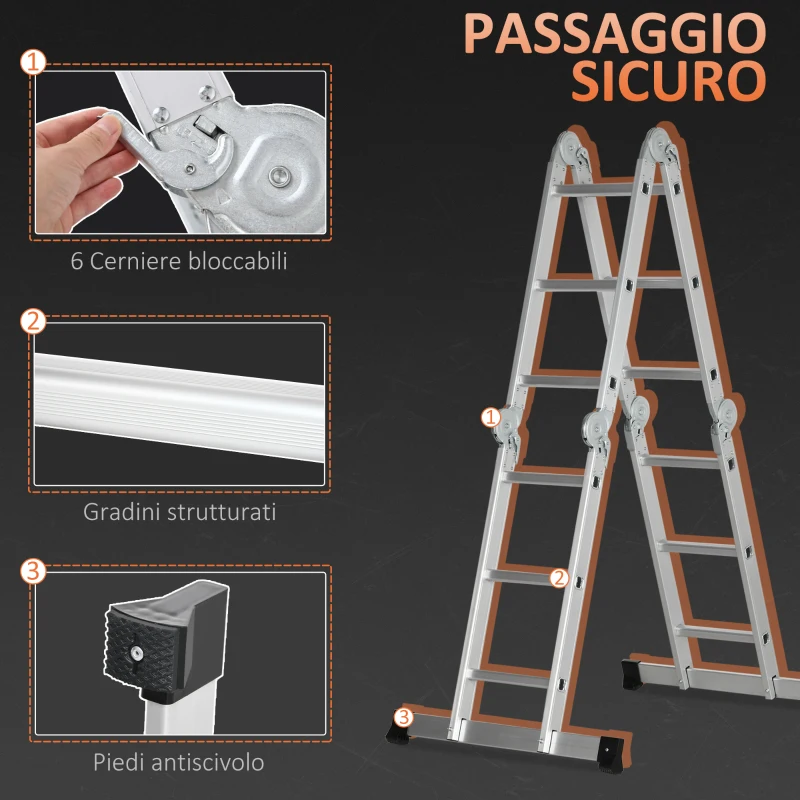 DURHAND Scala Telescopica a 5 Posizioni con 2 Piattaforme di Sicurezza, in Alluminio, PP e TPR, 339x76x10 cm, Argento