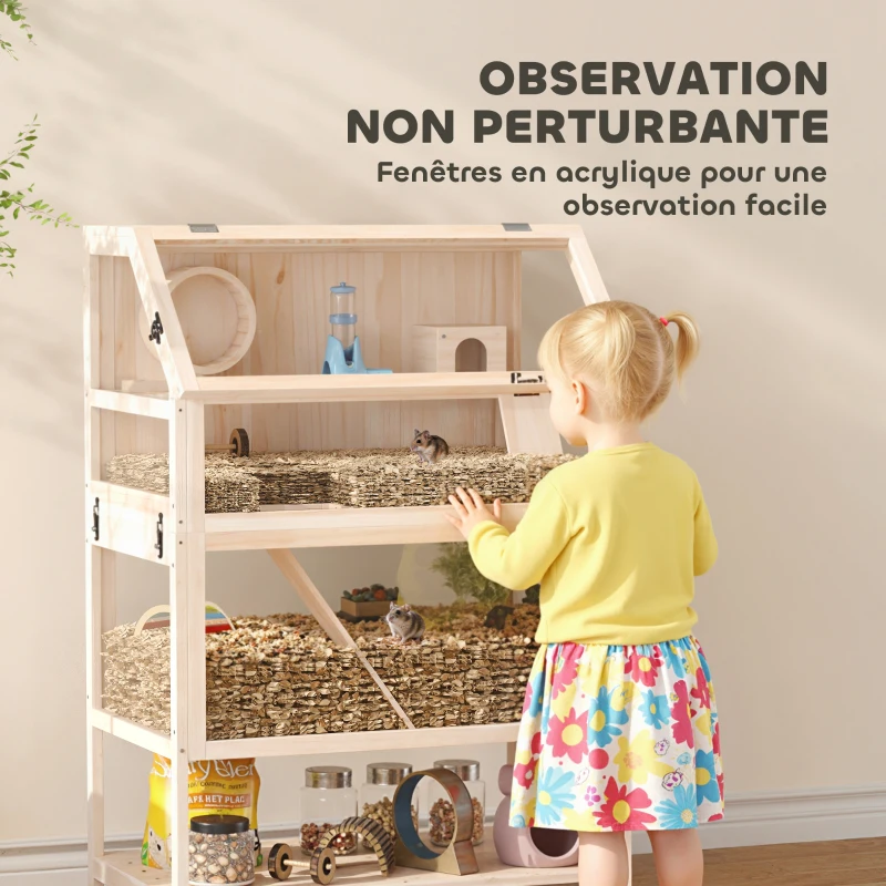 PawHut Cage pour hamster habitat pour rongeur 3 étages avec panneau acrylique et roue 80x53x117cm effet bois naturel