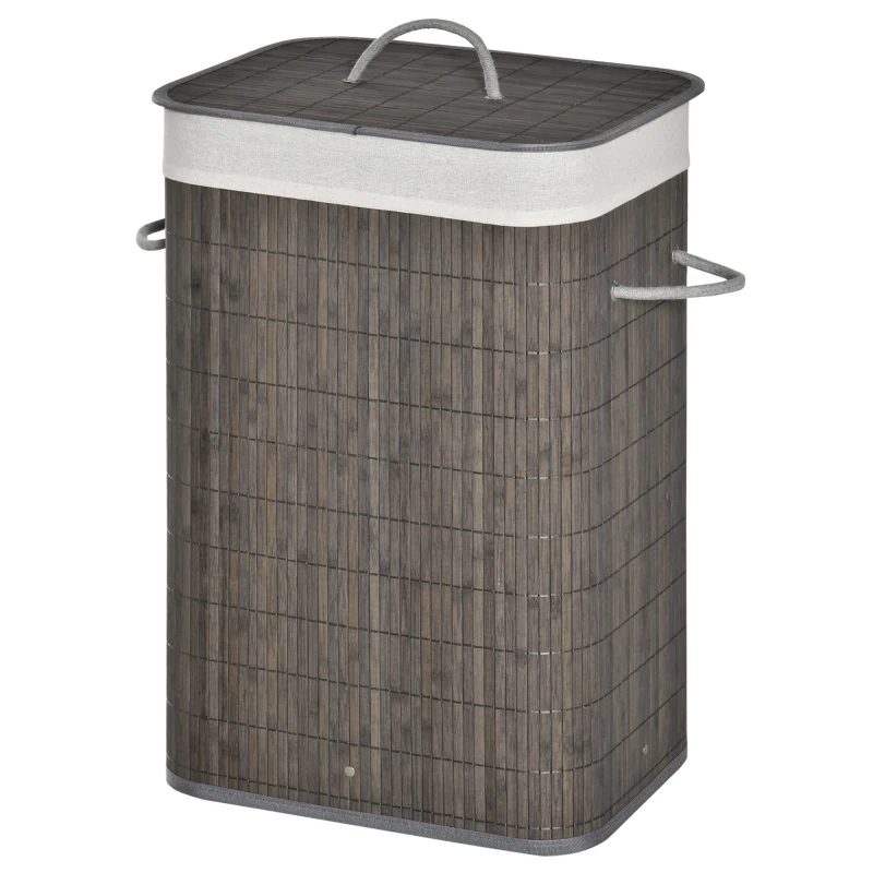 HOMCOM Wasmand met Handvatten en Wasbare Waszak, Rattan, Polyester, Katoen, Metaal, 43L x 32B x 61H cm, Grijs