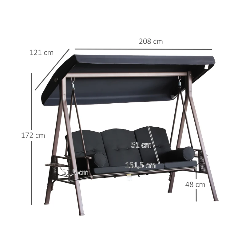 Outsunny Banco Baloiço de Jardim de 3 Lugares com Teto 2 Almofadas Suporte para Bebidas 207x120,5x174 cm Preto