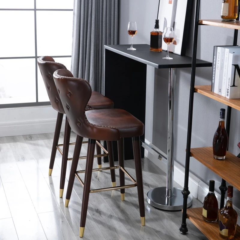 HOMCOM Set 2 Sgabelli da Bar Alti in Stile Industriale con Schienale e Poggiapiedi, Seduta in Finta pelle e Gambe in Legno, Sgabelli Vintage per Cucina e Ristorante, 52x53x101cm