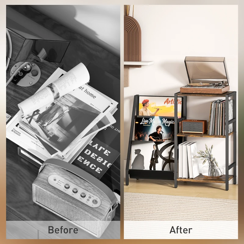 HOMCOM 3-Tier Record Player Stand, End Table for Living Room, Bedroom - Rustic Brown