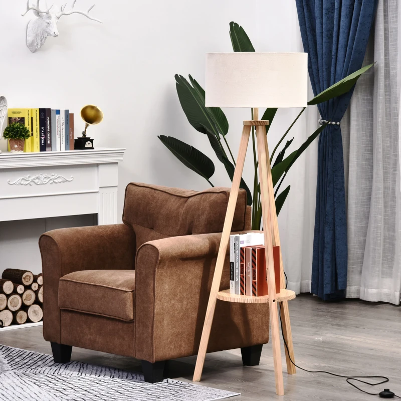 HOMCOM Lampada da Terra con Ripiano Intermedio Paralume in Lino Interruttore a Pedale Risparmio Energetico Altezza 154cm, Legno, 50x50x154 cm