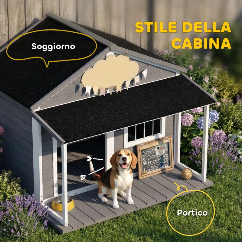 PawHut Cuccia per Cani da Esterno con Terrazza, Finestra e Tetto Impermeabile, 124x112x105cm, Grigio