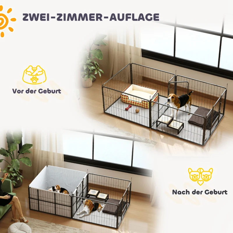 PawHut Werpkist voor puppy's, werpkist/puppyren met 7 panelen, 2 zones, wasbaar werpkussen, 203x102x60cm Zwart