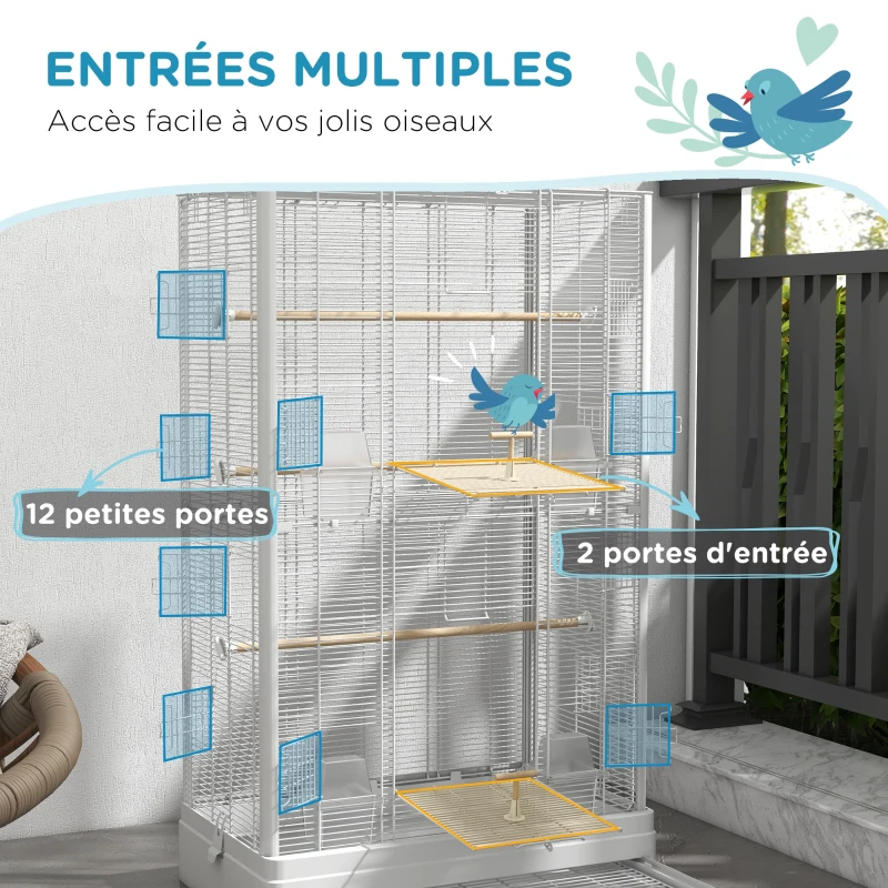 PawHut Cage à oiseaux volière avec portes perchoirs cage pour canaris perruches perroquets 61 x 36,5 x 98 cm blanc