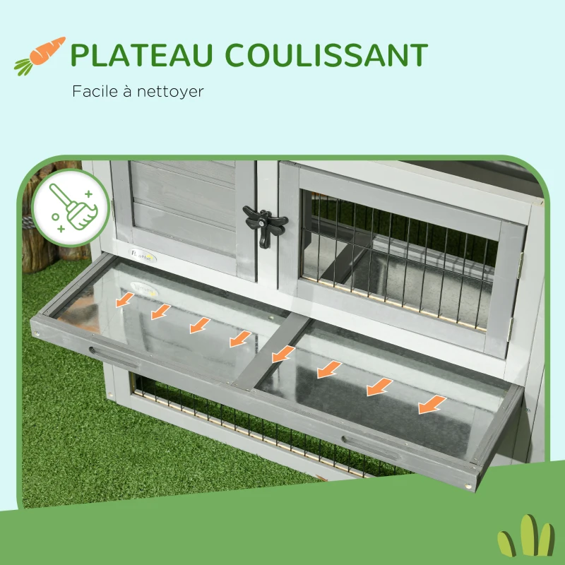 PawHut Clapier de sol cage à lapin cottage niche supérieure avec rampe enclos extérieur 150 x 52 x 68 cm gris