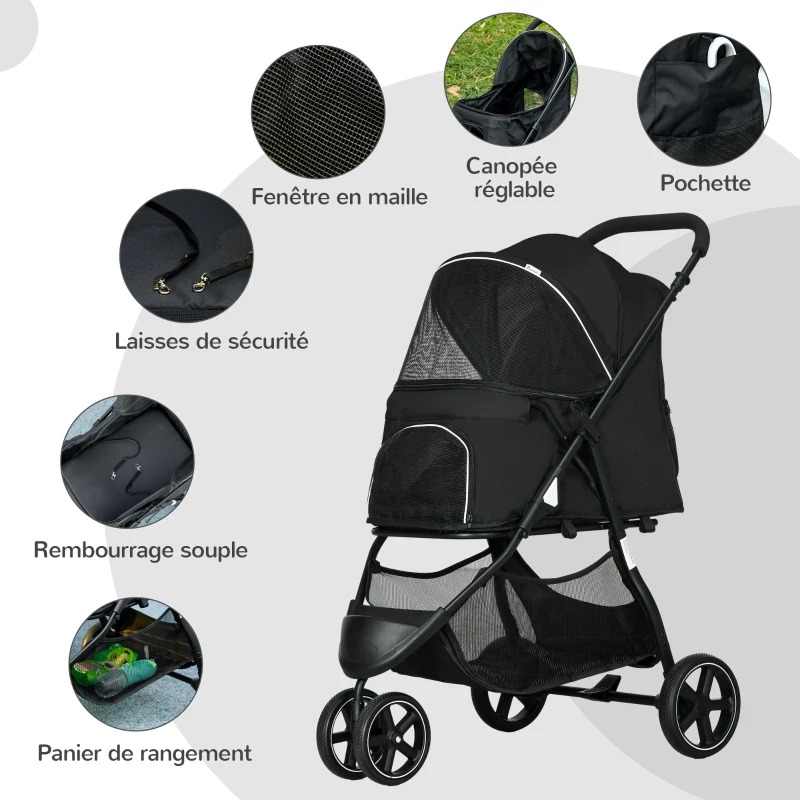 PawHut Poussette pour chien chat animaux de compagnie pliable 2 laisses roues EVA guidon réglable panier 83 x 55 x 101 cm noir