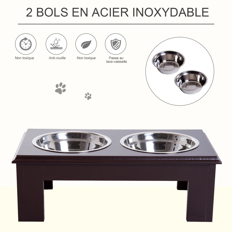 PawHut Gamelles chiens surélevées gamelle double chien chat Porte-gamelles surélevé dim. 44L x 24l x 15H cm 2 gamelles 0,9L acier inox. incluses bois  chocolat