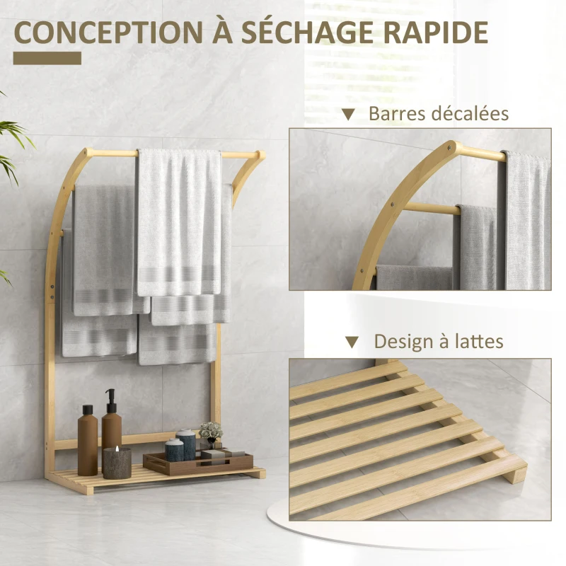 HOMCOM Porte-serviettes en bambou 3 barres avec étagère de rangement, pour la salle de bains et la buanderie, finition naturel