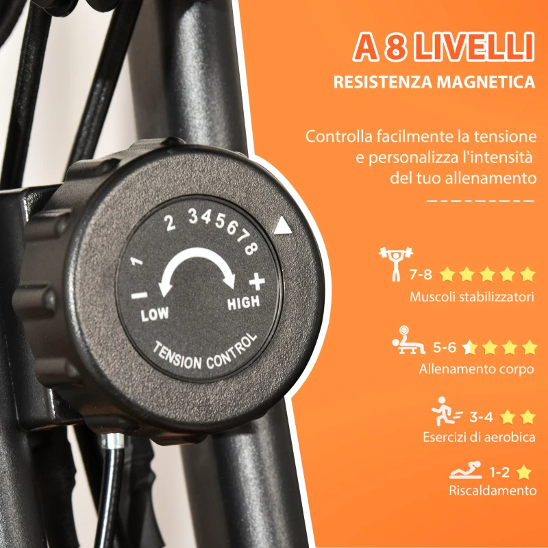 HOMCOM Cyclette Pieghevole con Resistenza Magnetica 8 Livelli, Sensore di Frequenza Cardiaca, Volano 2.5kg, Arancione