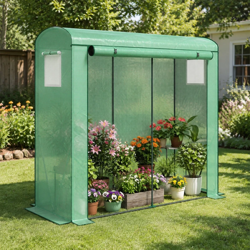 Outsunny Kas met ventilatieramen en oprolbare deur, foliekas van staal 200 x 75 x 188 cm groen