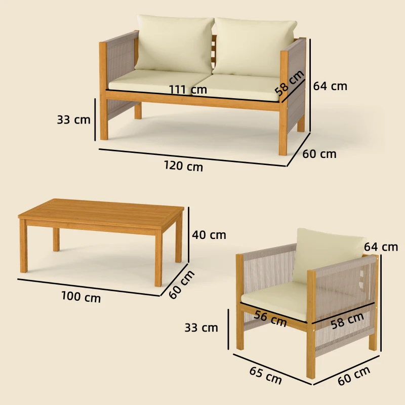 Outsunny Conjunto de Móveis de Jardim de 4 Peças com Sofá de 2 Lugares 2 Poltronas Mesa de Madeira Almofadas e Corda de PP Madeira e Bege