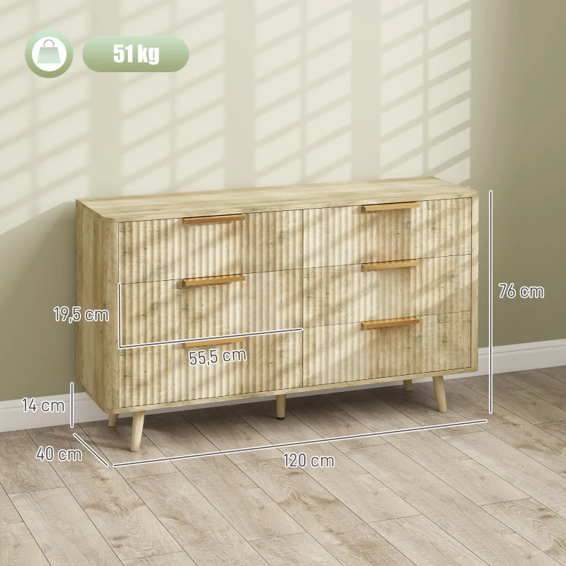 HOMCOM Cómoda com 6 Gavetas para Dormitório com Frentes das Gavetas Estriadas e Pés de Madeira 120x40x76 cm Madeira