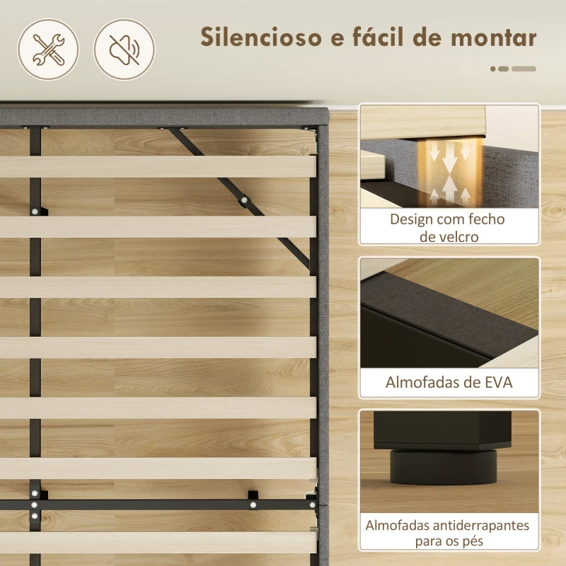 HOMCOM Cama 140x190 cm com Luzes LED Estofada em Linho Ripas de Madeira Silenciosa Fácil de Montar Cinzento