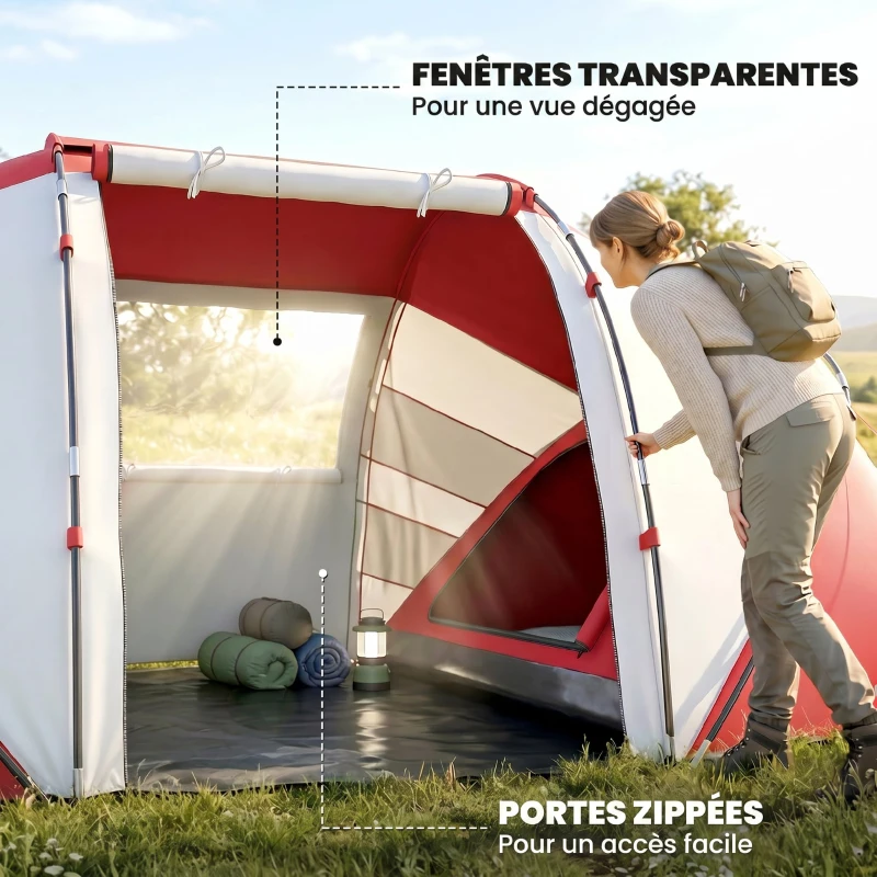 Outsunny Tente de camping familiale 4 personnes tente dôme étanche légère, ventilée 2 cabines fenêtre grande porte gris rouge