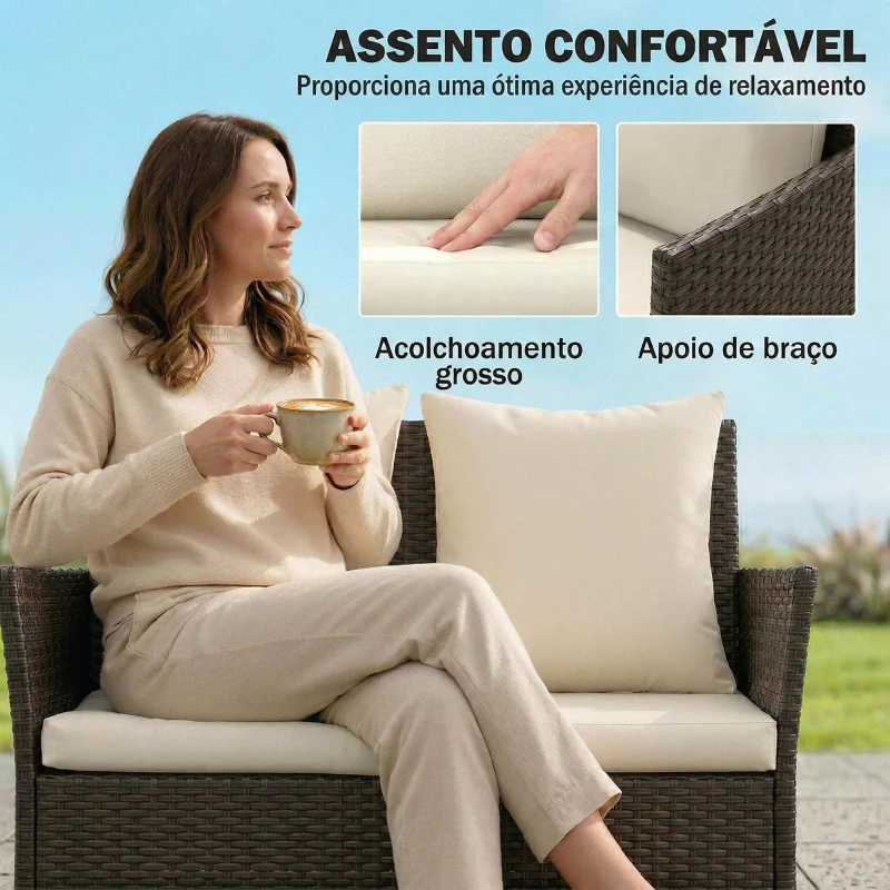 Outsunny Conjunto de Jardim em Vime com 4 Peças Inclui Sofá de 2 Lugares 2 Cadeiras Mesa de Vidro e Almofadas Laváveis Castanho