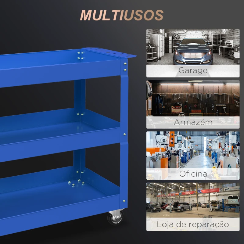 DURHAND Carrinho de Ferramentas com Rodas 3 Prateleiras de Armazenamento e Alça Lateral 83x35,3x76 cm Azul